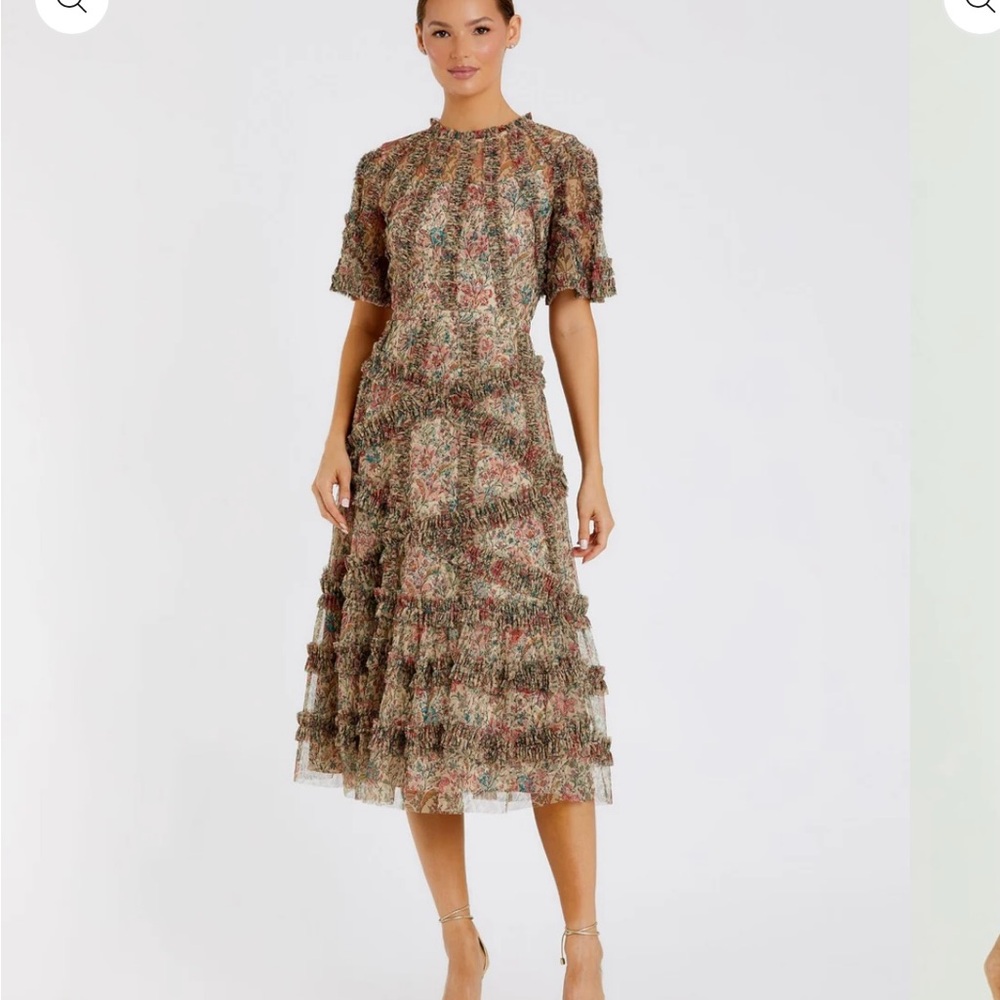 Mac Duggal Brown A-line Midi Dress Puff Sleeve. New.